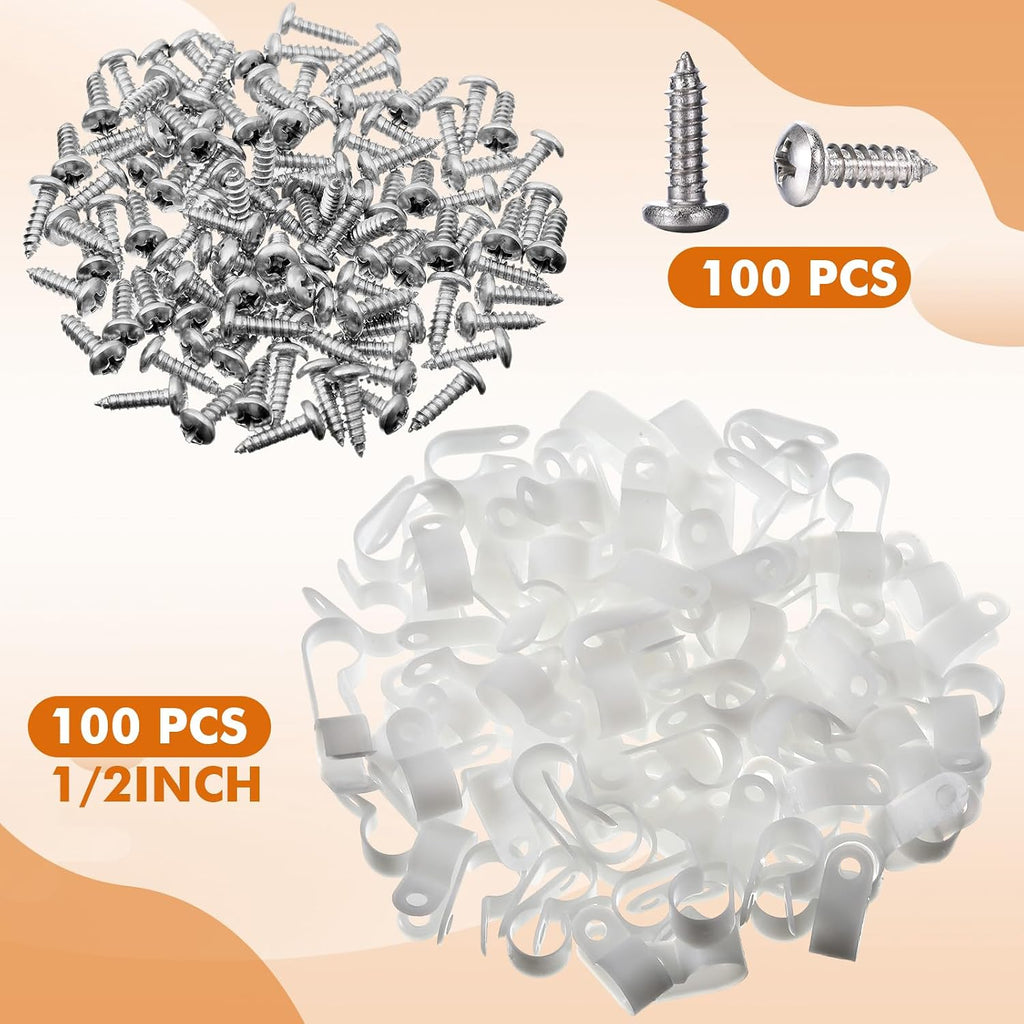 Hicarer 100 Pcs R-Type Cable Clips with Screws Wire Cord,White,1/2inch