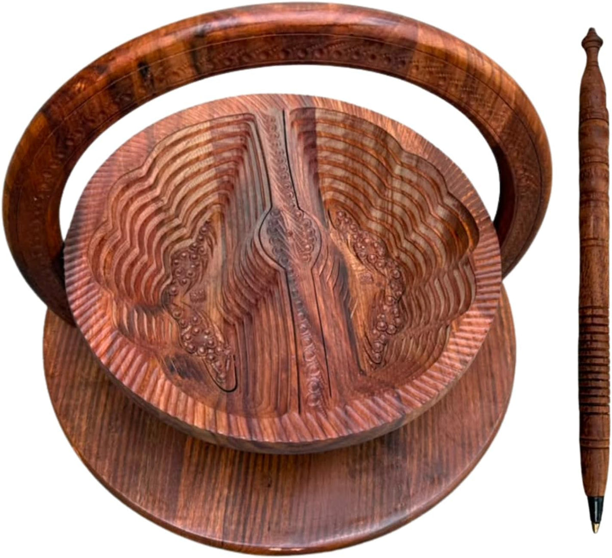 Best Holiday Gift Idea Wooden Collapsible Fruit Basket 2-Section Serving Bowl for Nuts, Snacks & Candy Essential Workers | Thanksgiving Gift | Diameter: 12" (2Celebration_Duo)