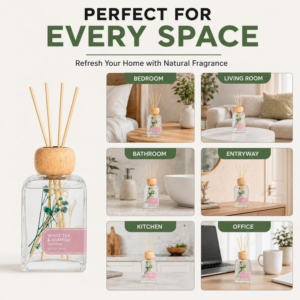Bamboo White Tea Reed Diffuser, 3.4fl oz Reed Diffuser for Home