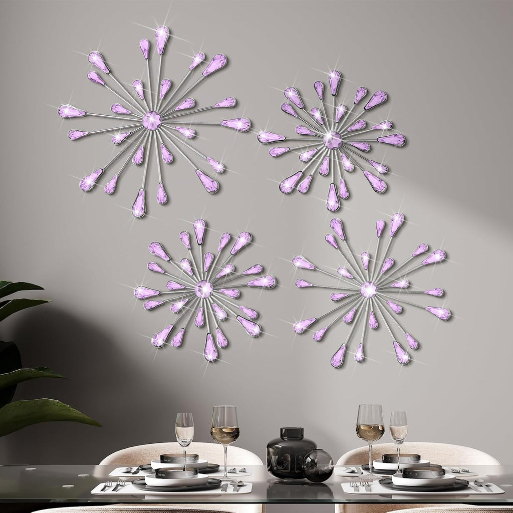 Hicarer 4 Pcs Starburst Wall Decor, Bling Metal Wall Art, Purple