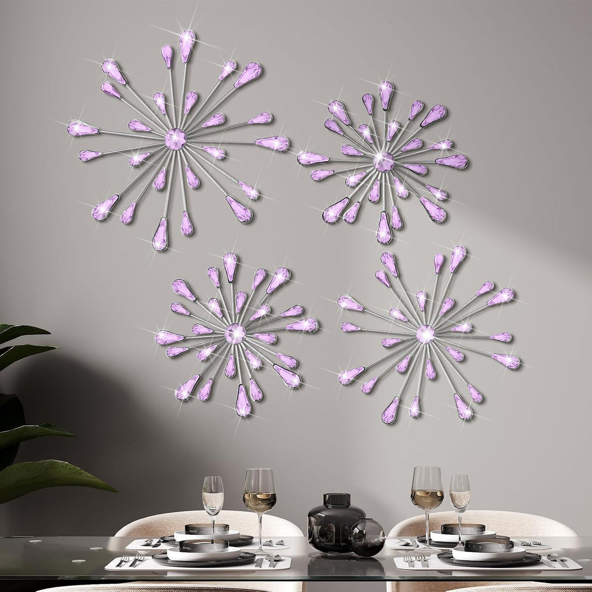 Hicarer 4 Pcs Starburst Wall Decor, Bling Metal Wall Art, Purple