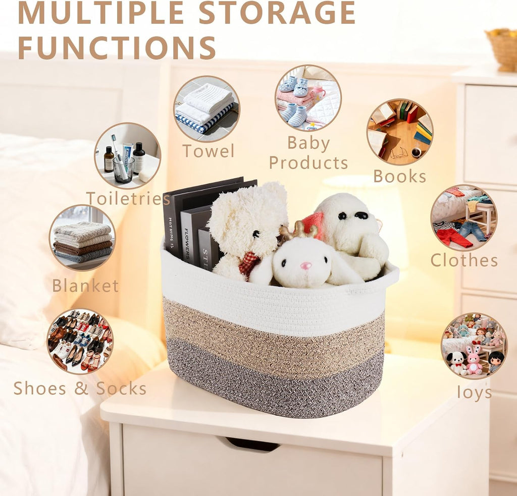 3PCS Grey Cotton Rope Woven Storage Basket, 15x10x8.7 Inches Shelf Organizer for Baby Gift Baskets, Toys, Laundry, Baby Blankets & Empty Gift Baskets