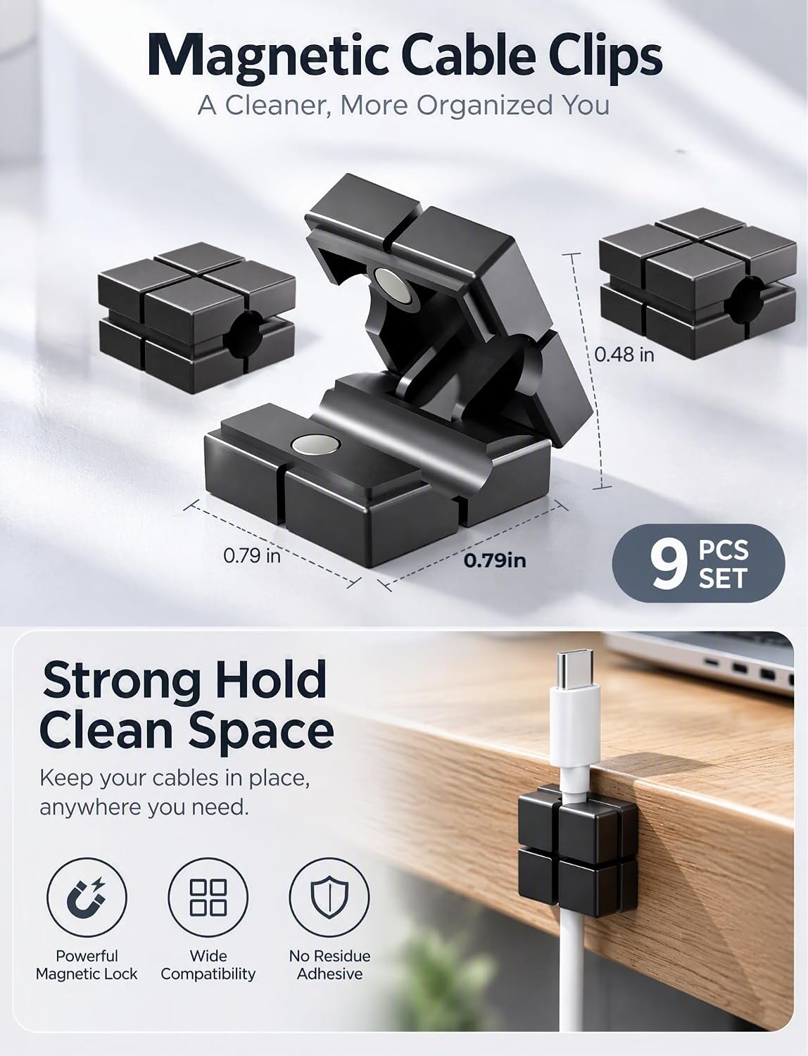 9 Pack Magnetic Cable Clips, Cord Holder Organizer for Desk, Wall