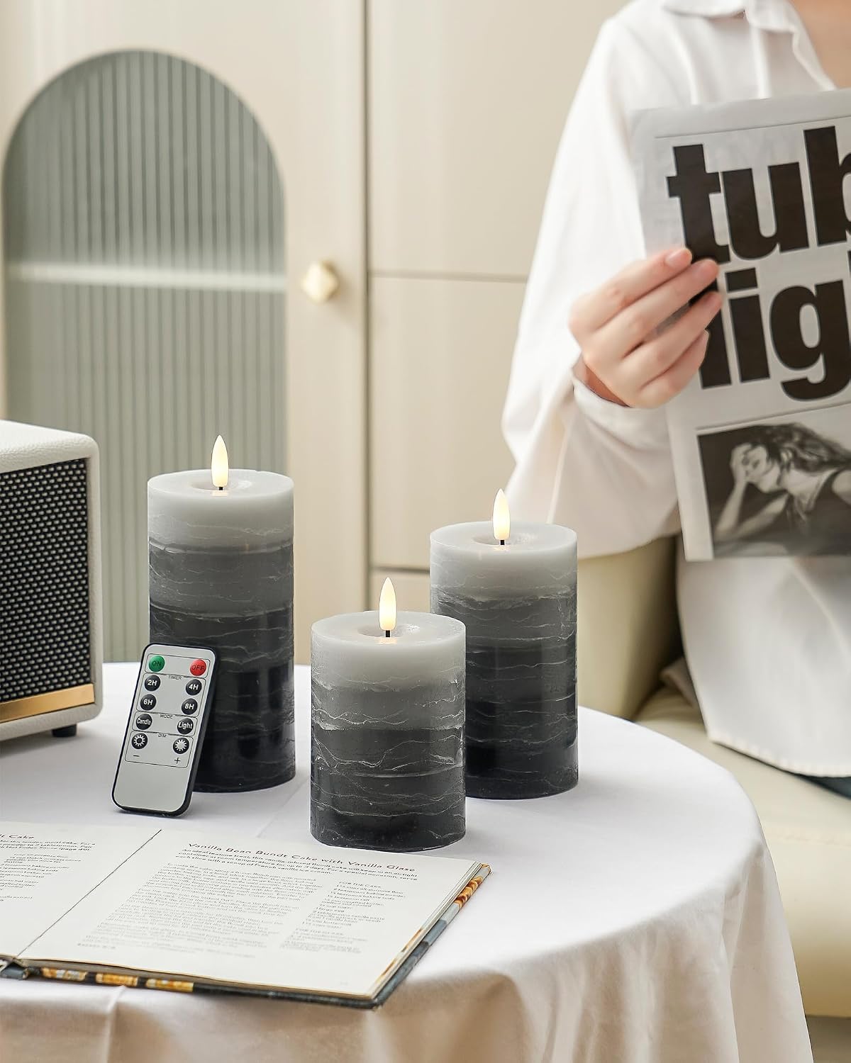 Stmarry Distressed Gradient Gray Flameless Candles with Remote and Timer, Real Wax Made LED Pillar Candles Battery Operated with 3D Flickering Flame - 3" x 4", 3" x 5", 3" x 6" - Set of 3