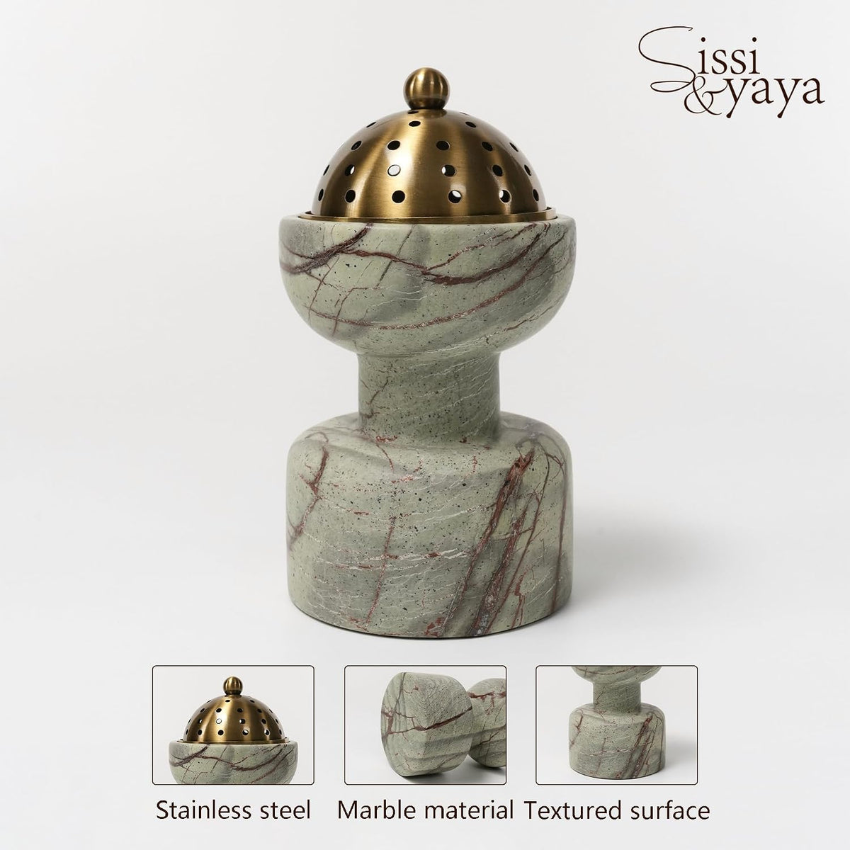 Natural Marble Incense Burner with Brass Accents 6.29 x 3.54 inches Multi-Purpose Holder for Cones/Sticks/Sage, Home Decor & Relaxation (Red Veins)