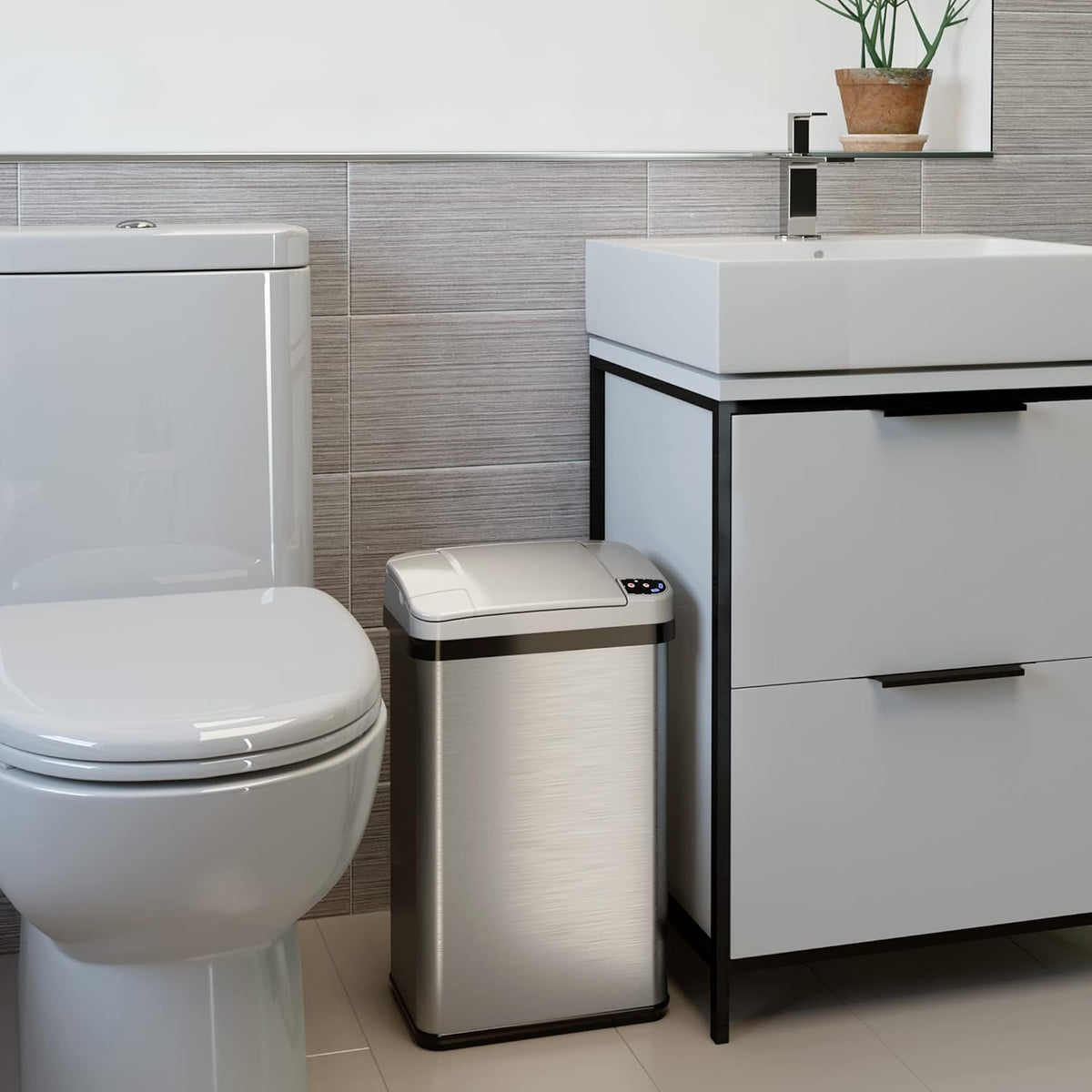 iTouchless 3 Gallon / 11.4 Liter Bathroom Trash Can with Lid, Slim Stainless Steel Step Garbage Can, Soft Close Small Wastebasket with Removable Inner Bucket for Kitchen, Powder Room Dorm, Chalk White
