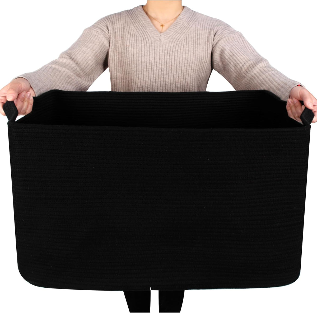 MINTWOOD Design 22in Extra Large Blanket Basket Holder Living Room, Rectangle Rope Woven Storage Basket with Handles for Laundry, Pool Towels, and Shoes, Dog Toy Organizer Bin Box, Full Black