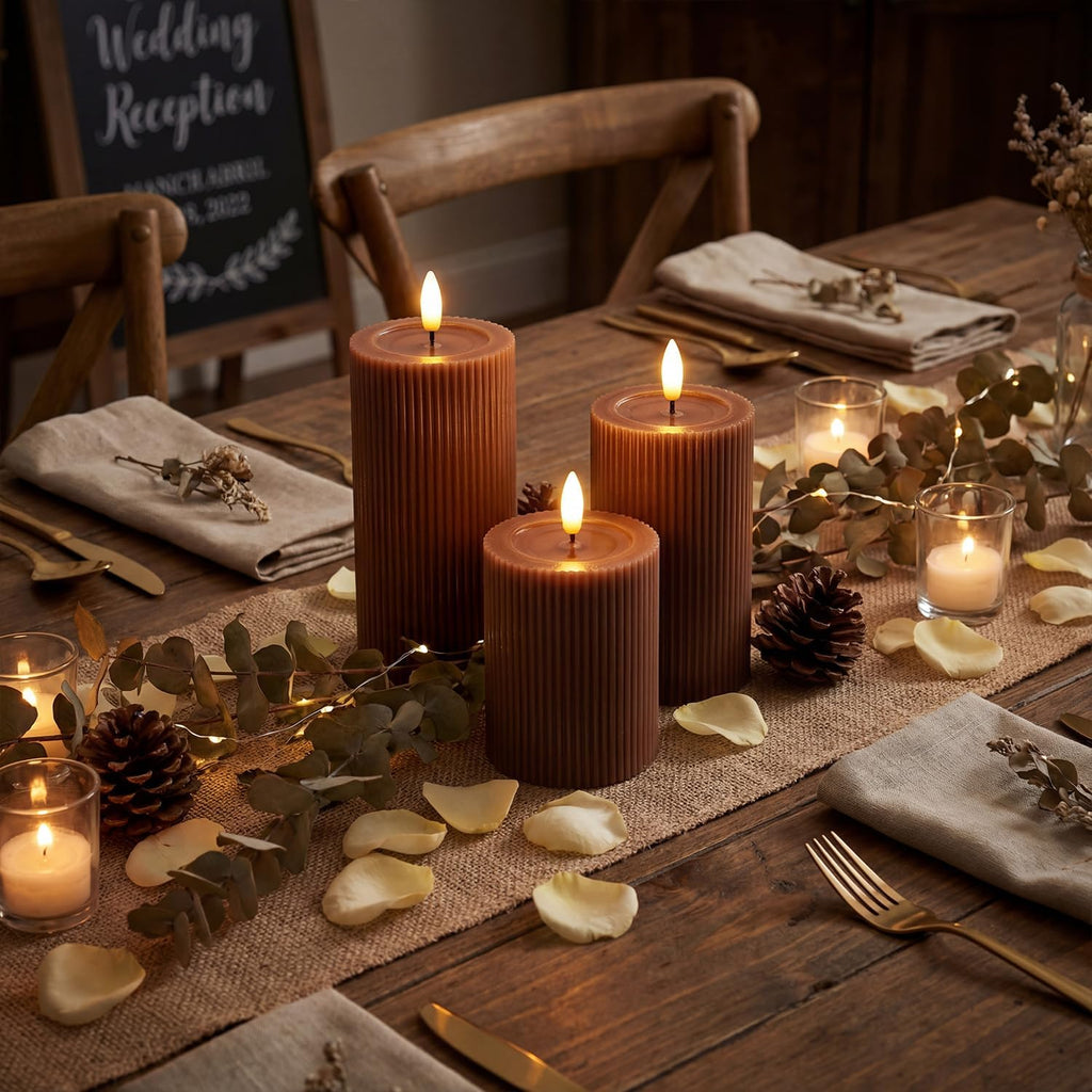 Fluted Ribbed LED Pillar Candles, Brown, with Realistic Reflective Melted-Wax Effect – Flickering Flame, Remote, Dimmable, Flameless, Battery Operated, Home & Wedding Decor (Set of 3)