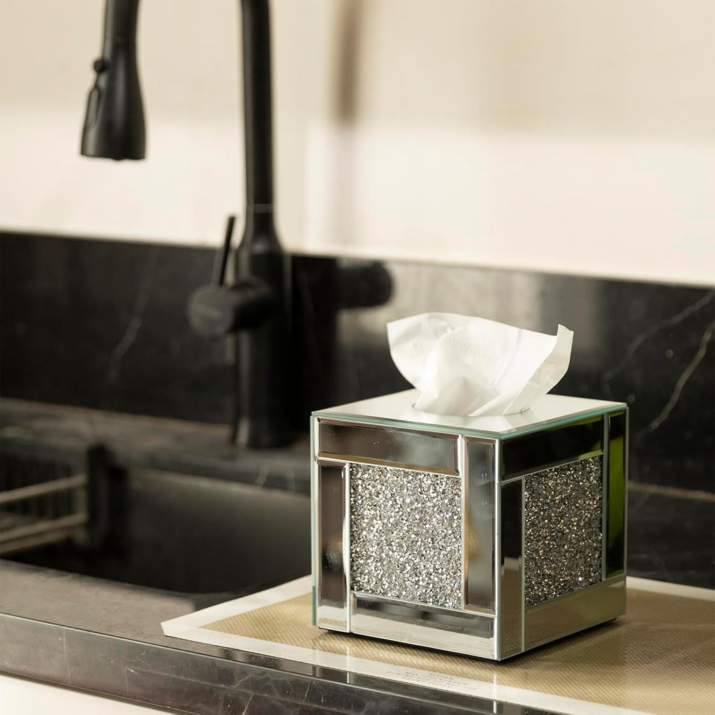 Mirrored Tissue Box Cover Holder, Square Glass Facial Tissue Holder with Crushed Diamond Crystals, Luxury Facial Paper Organizer Dispenser for Bathroom, Vanity Countertop, Tabletop, Silver