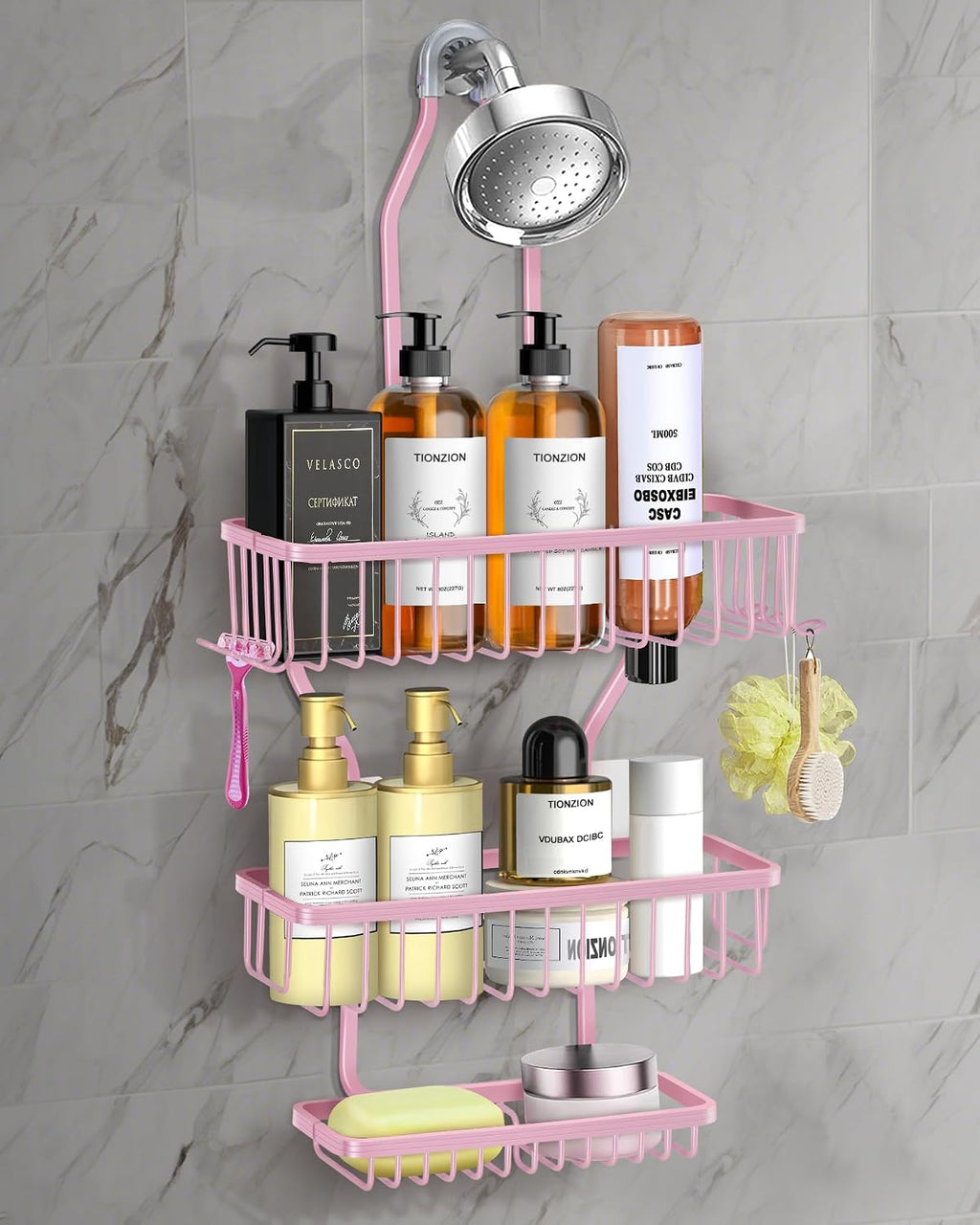 Pink Shower Caddy for Bathroom - Never Rust Hanging Shower Organizer with Soap Basket and Hooks - Large Capacity 3 Tier Aluminum Over The Showerhead Caddy