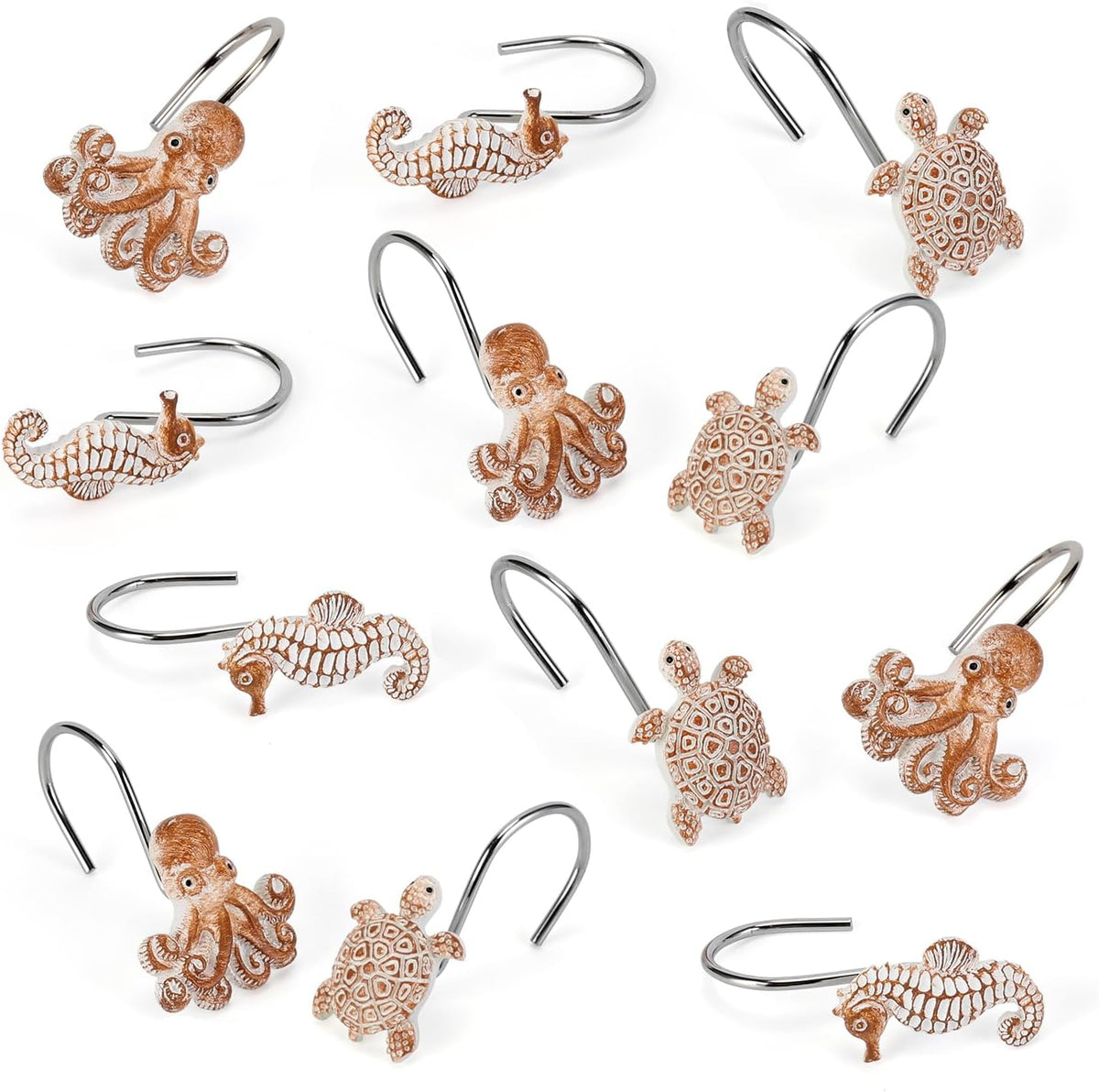 Seashell Shower Curtain Hooks, 12Pcs Decorative Anti-Rust Shower Hooks, Coastal Style Curtain Hooks for Bathroom Nursery Bedroom Living Room Decoration (Turtle Starfish Octopus)