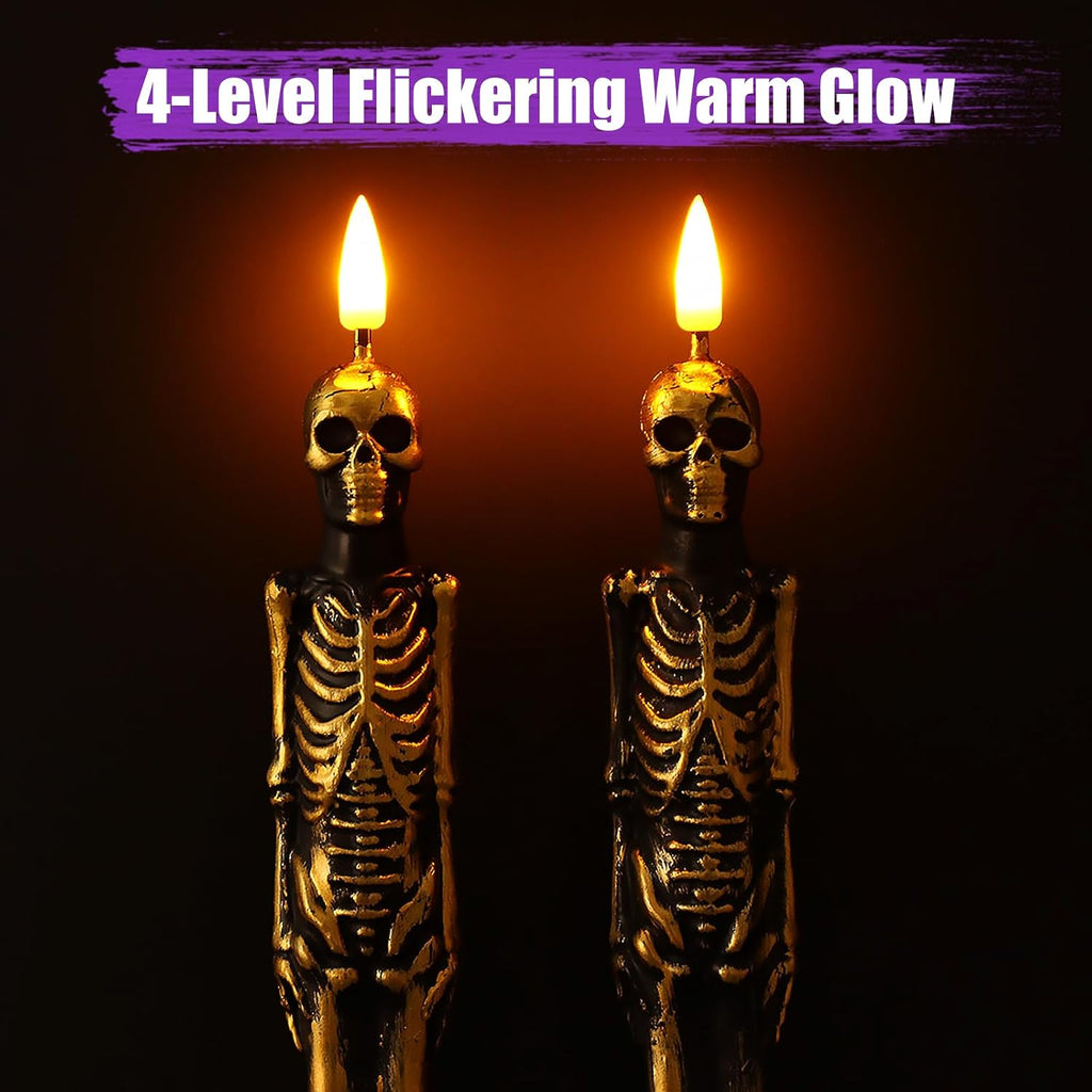 Halloween Skull Flameless Taper Candles Battery Operated, 2 Pack