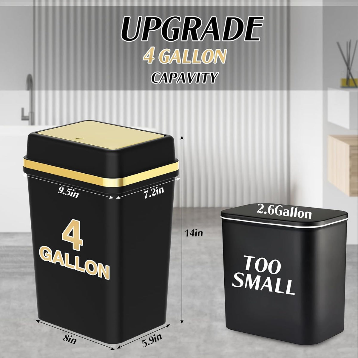 3 Pack Bathroom Trash Can with Lid 4 Gallon Small Trash Can with Press Top Lid Bathroom Garbage Can with 150 Counts Trash Bags for Kitchen Bedroom Office(Black Navy Blue Dark Green)
