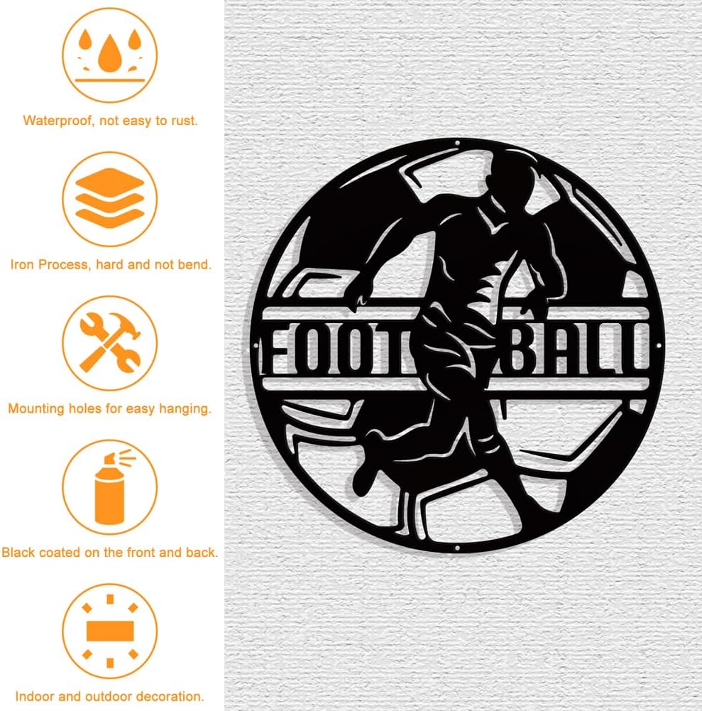 NBEADS Soccer Theme Metal Wall Art Decor, Flat Round Matte Black Wall Hanging Decor Silhouette Wall Art for Home Bedroom Living Room Garden Hotel Office Wall Decoration, 10.7 Inch
