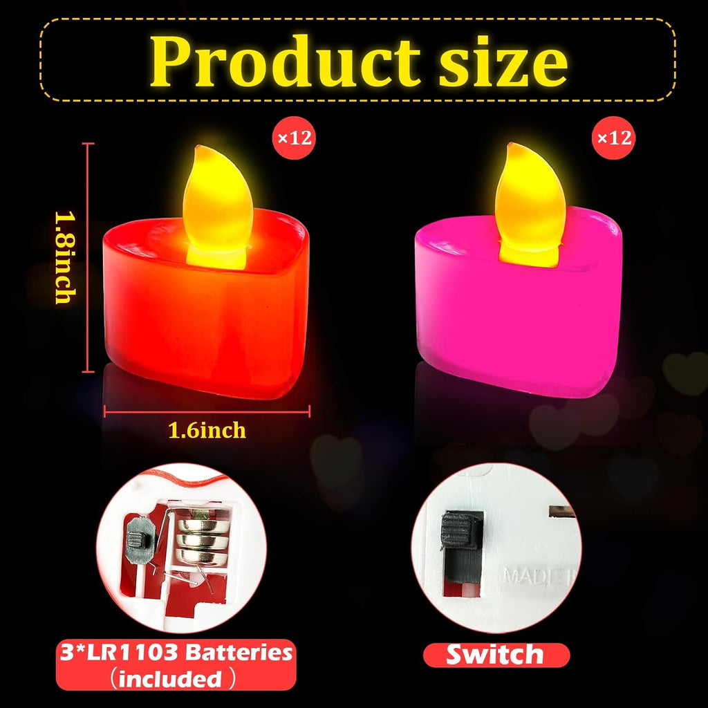 Valentines Day Decorations, 24 Pack LED Heart Tea Lights Candles Battery Operated Red Pink Valentines Day Lights Heart Shaped Flameless Candles for Romantic Night Anniversary Wedding Table Party Decor