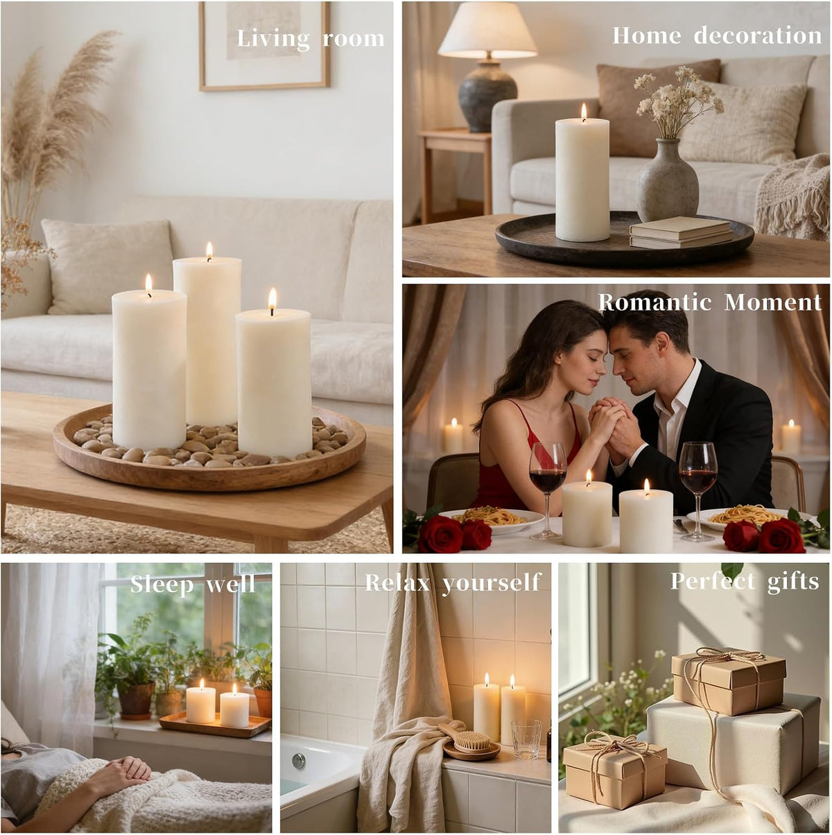 Rustic Soy Pillar Candles 2.8x6 Inch,6 Pack Ivory Candle