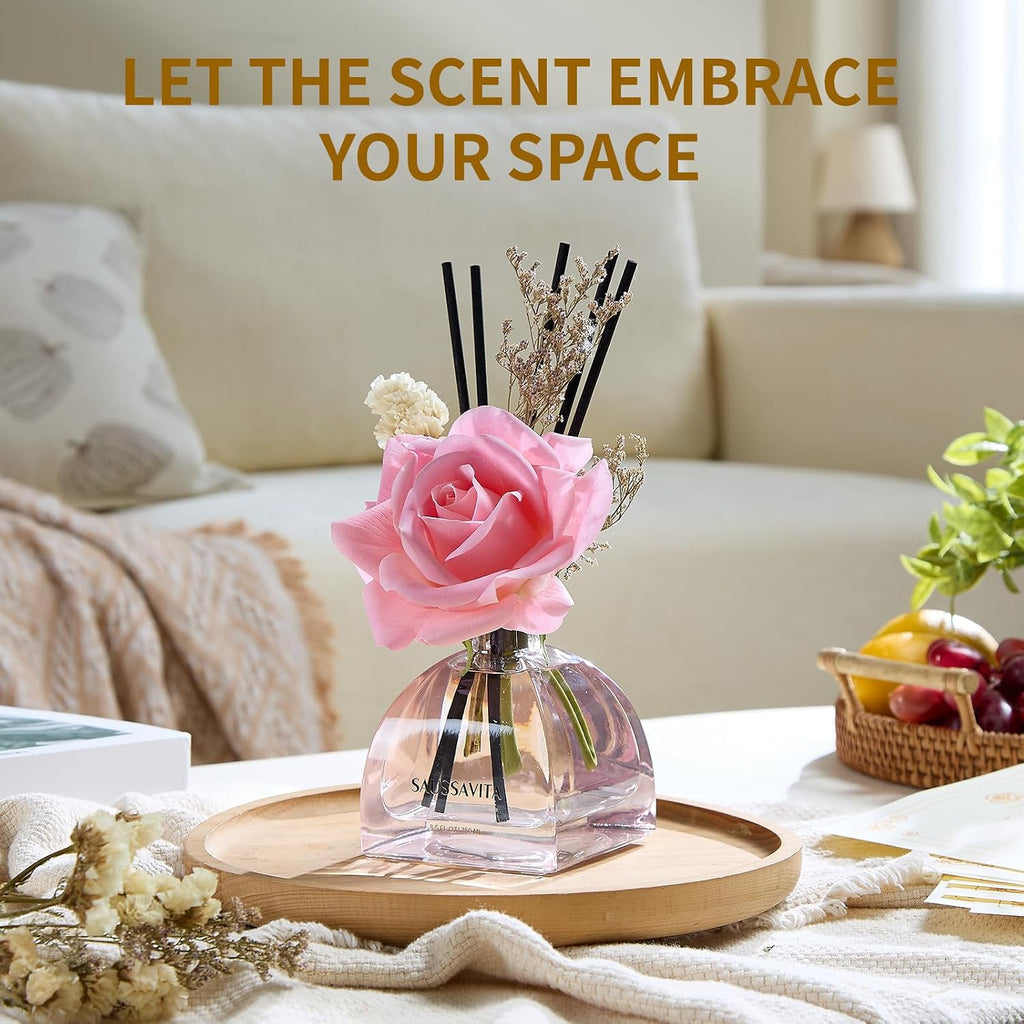 Reed Diffusers Set Rose Scented Diffuser for 140 Days, Flower Diffuser 8.5 fl oz with Dried Flowers and Decorative Rose, Long Lasting Home Fragrance with 10 Sticks for Bathroom, Shelf, Office Decor
