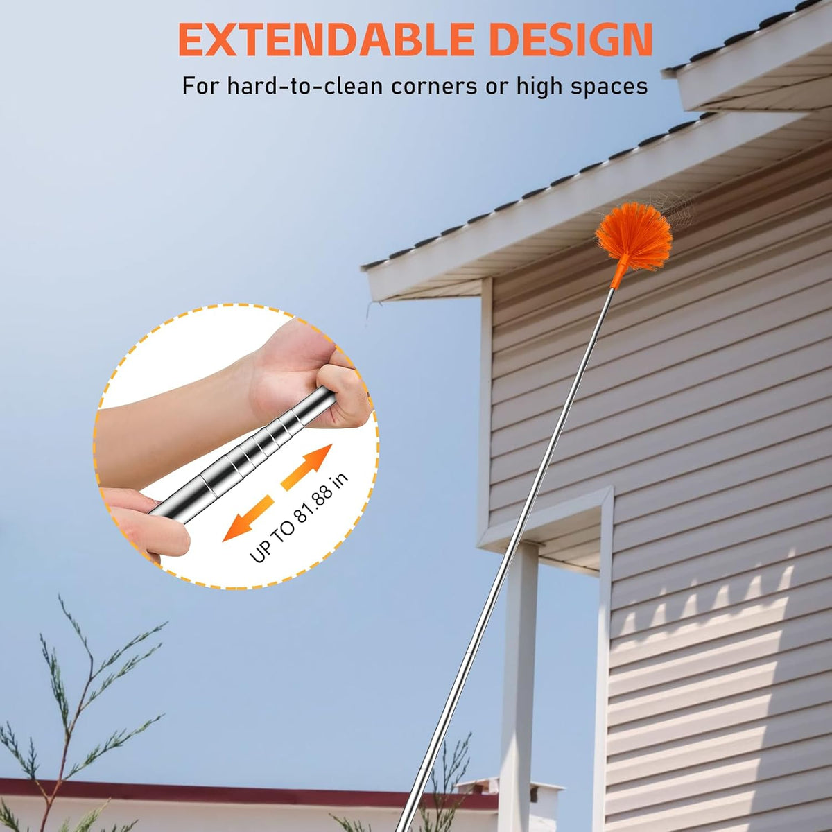 SetSail Cobweb Duster with Extension Pole, for Cobweb Cleaning, Orange