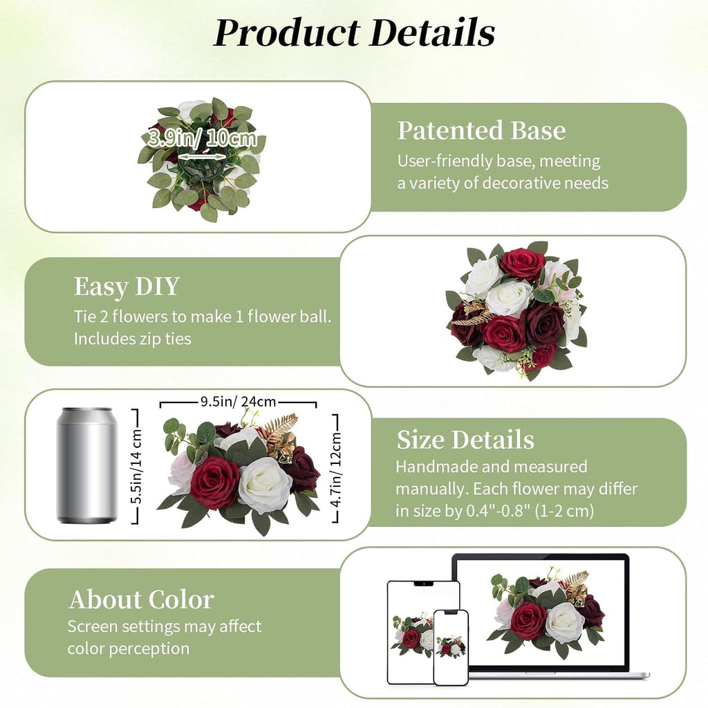 BLOSMON Artificial Rose Flowers Ball Wedding Centerpieces, 2 Pcs, Burgundy