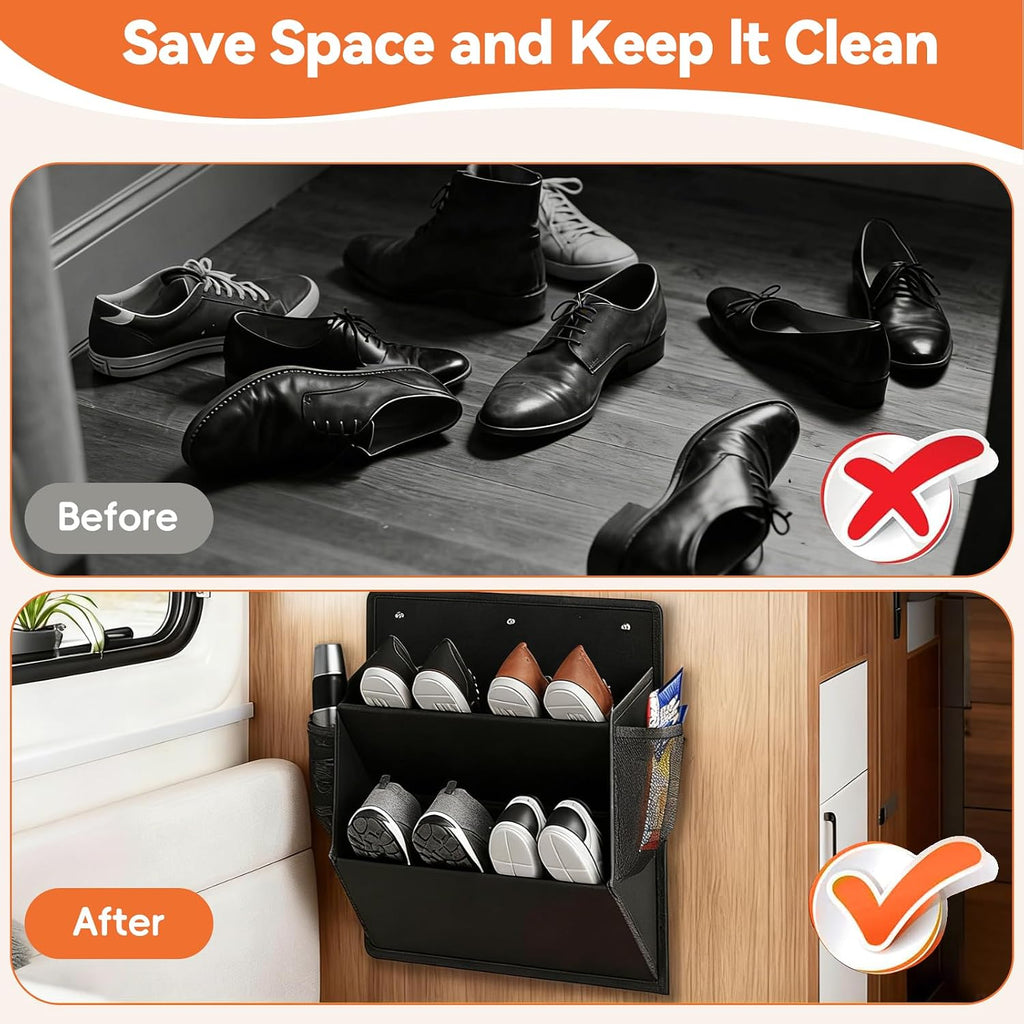 2 Pack RV Shoe Storage Organizer, Over the Door/Wall Hanging Shoe Rack with Sticky Adhesive, Large Deep Pockets for Narrow Space, Closet Camper Storage Black