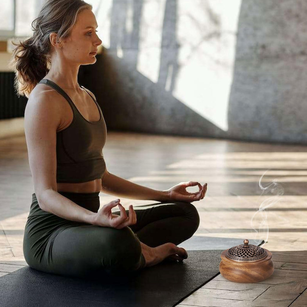 2 Pack Incense Cone Holder, Retro Wooden Cone Incense Burner Holder with Brass Cover, Vintage Bakhoor Burner for Sticks Coil, Frankincense Room Home Decor Yoga Spa Meditation (P)
