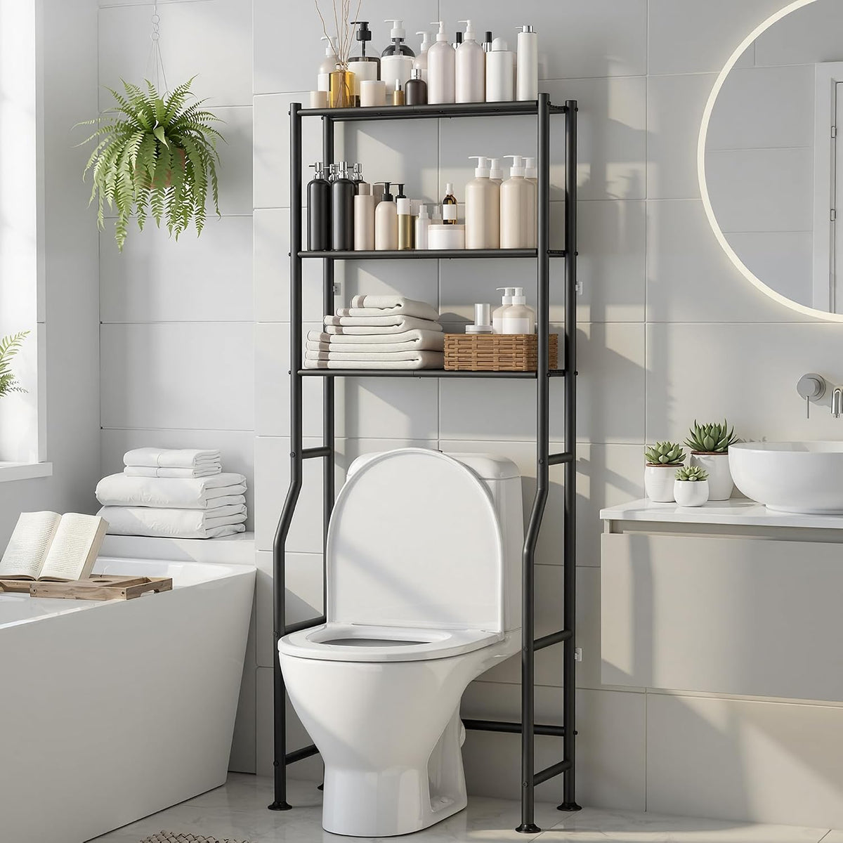 3-Tier Over Toilet Storage Cabinet, No Drilling, 64" H, Black