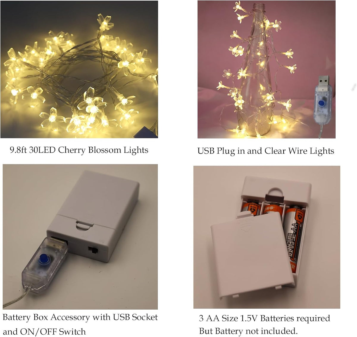 10ft 30 LED Fairy Flower String Lights Battery & USB Operated (Warm White)