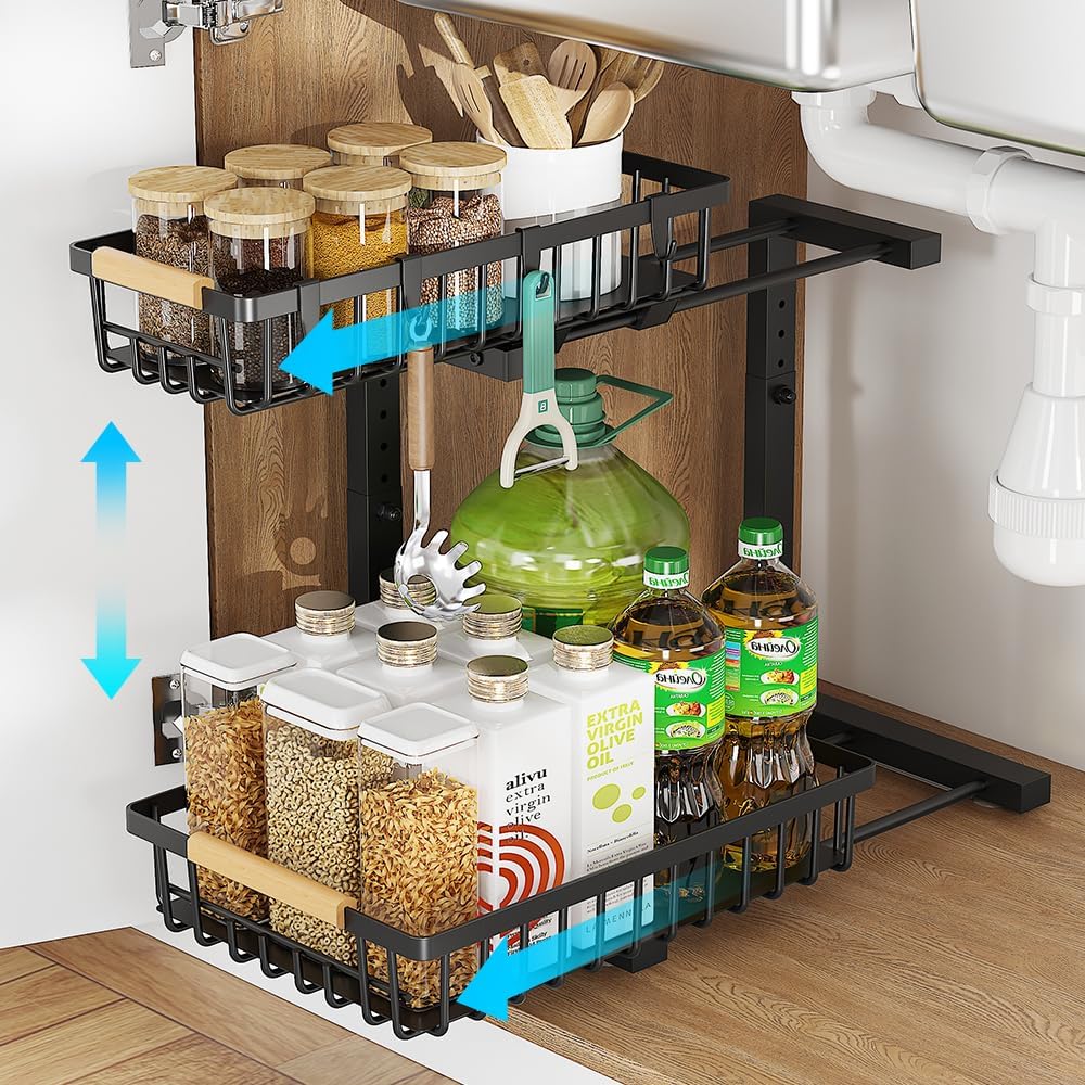 Under Sink Organizer, 2 Tier Metal Under Sink Organizers and Storage, Height Adjustable Slide out Pull out Cabinet Organizer for Kitchen Bathroom