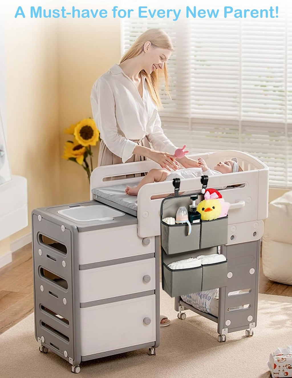 Hanging Diaper Organizer for Crib/Playpen/Bassinet/Playard – Hold 80+ Diapers - 4 Deep Pockets- Changing Table Diaper Holder Bag- Diaper Storage for Newborn Baby Essentials Stacker Caddy, Gray