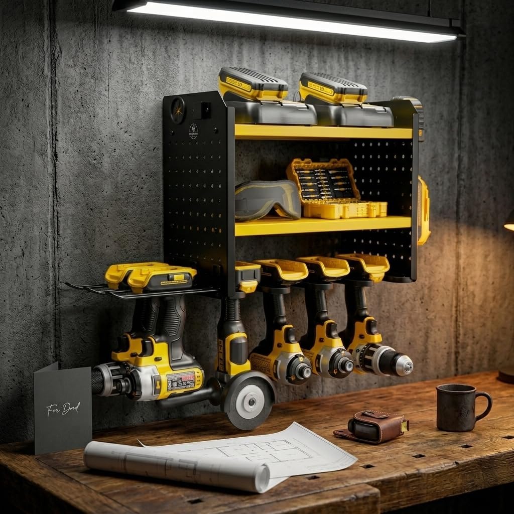 BUILTSTRONG Power Tool Organizer Wall Mount – 3-Tier Heavy-Duty Steel Rack, 6 Drill Slots, Dual Pegboard Sides, Side-by-Side Modular, 100 lb Capacity – Garage & Workshop (Yellow)