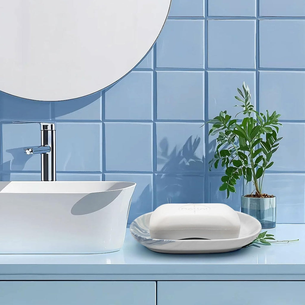 Blue Ceramic Soap Dish for Shower with Unique Marble Pattern, Decorative Bar Soap Holder for Bathroom & Kitchen, Easy Clean Versatile Cute Oval Soap Dishes for Soap Bars, Jewelry, Sponge
