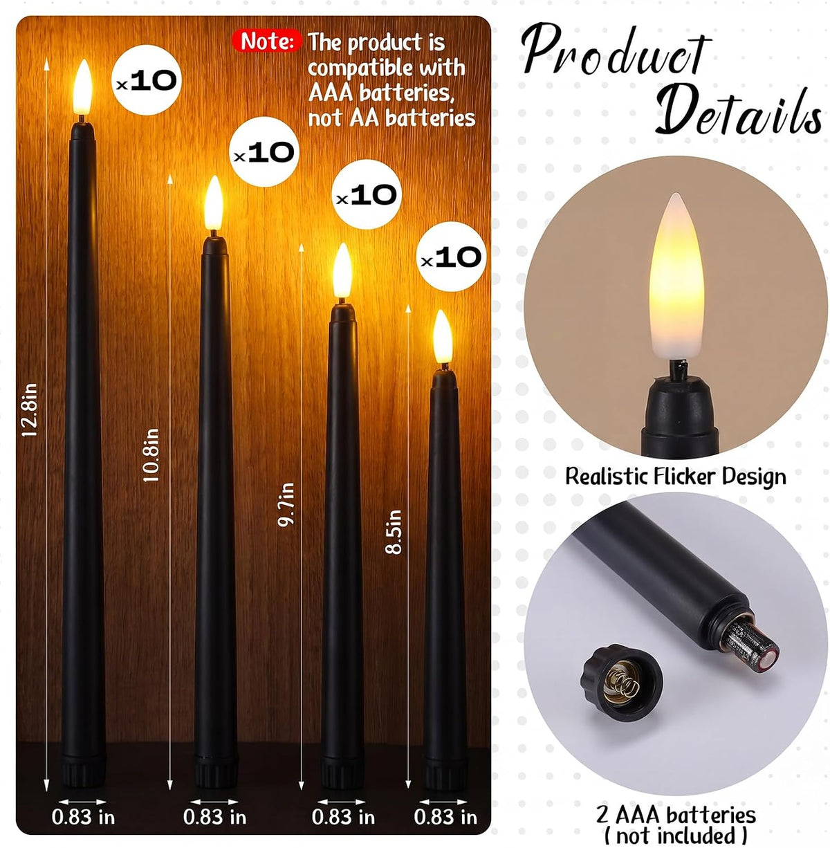 Baquler Flameless Taper Candles LED Flickering Candlesticks, Black, 40 Pcs