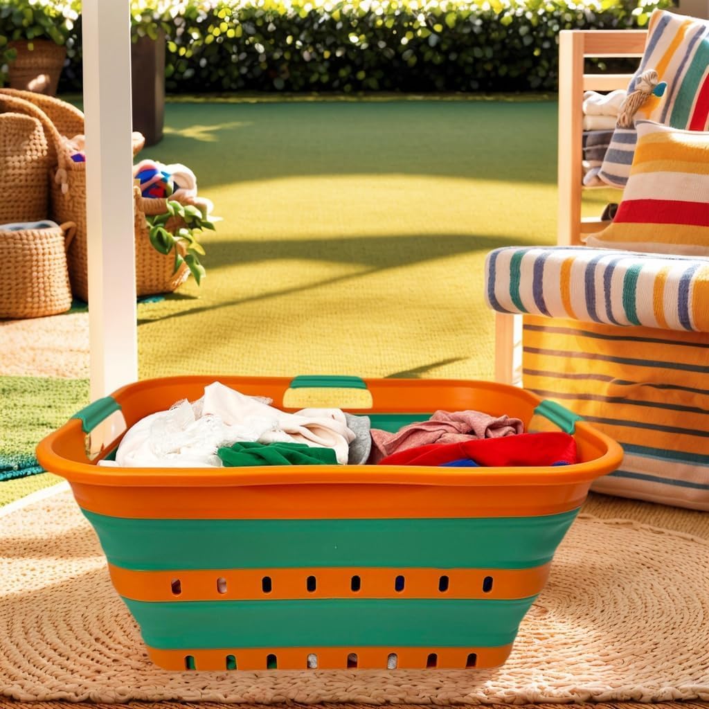 SAMMART 42L (11 gallons) Set of 2 Plastic Foldable Storage Basket/Container - Collapsible, Space Saving and Portable Laundry Hamper, Ideal for Home, Travel, Dorm (2, Autumn Leaf/Forest Green)