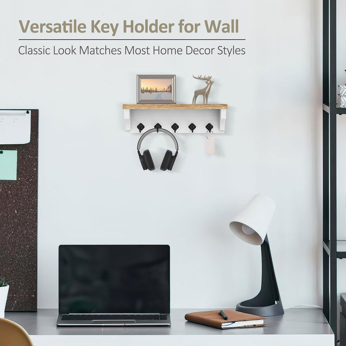 Nekon Key Holder for Wall, 11.8" W x 3.5" H x 2.8" D Wall Shelf, Wood