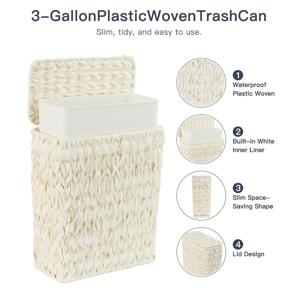 Wicker Trash Can with Lid & Liner, Small Bathroom Waste Basket, Cream White