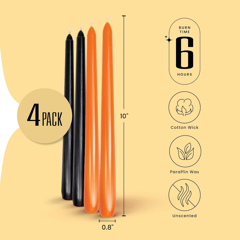 Leor & Lair Halloween Candlesticks, 4 Pack, 10" Orange & Black Candles