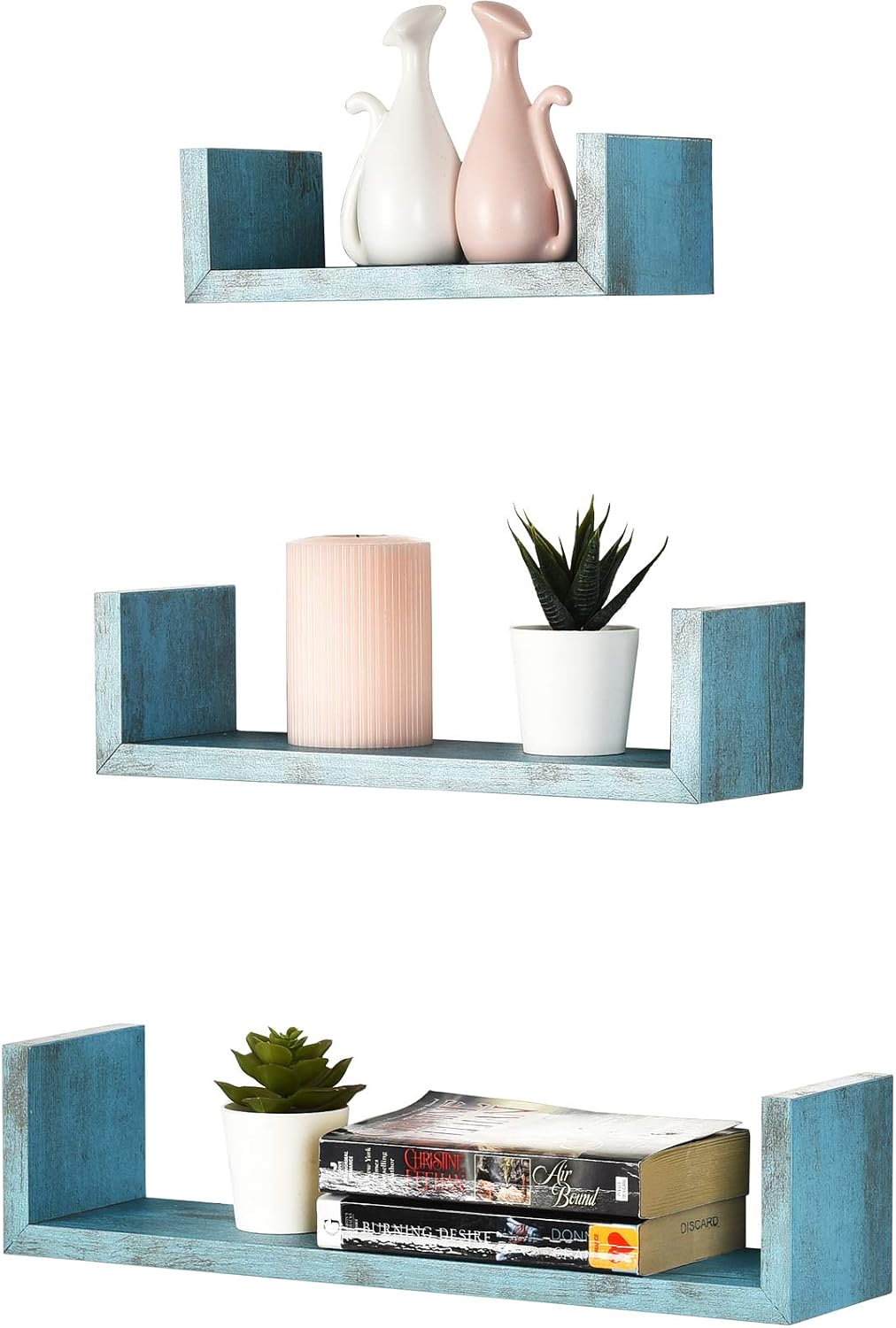 Greenco Set of 3 Floating “U” Shelves, Easy-to-Assemble Floating Wall Mount Shelves for Bedrooms and Living Rooms, Rustic Blue Finish