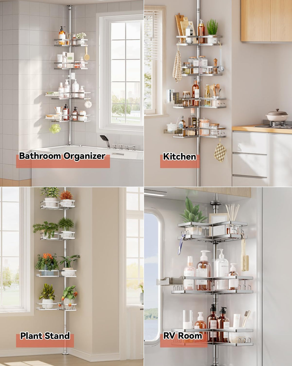 YASONIC Corner Shower Caddy Tension Pole, Adjustable Shower Shelves, Rust-Resistant Shower Organizer, No-Drill 3-Step Installation, Bathroom Shelves for Renters & Family, Silver
