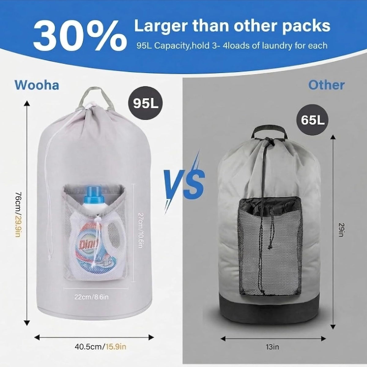 WOOHA 95L Backpack Travel Laundry Bag with Shoulder Straps and Mesh - Durable Polyester Laundry Hampers for Travel, Apartments, Laundromats and Universities (Grey)