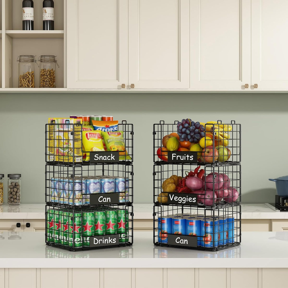 3 Pack XL Stackable Wire Baskets with Handle, Pantry Organizers and Storage