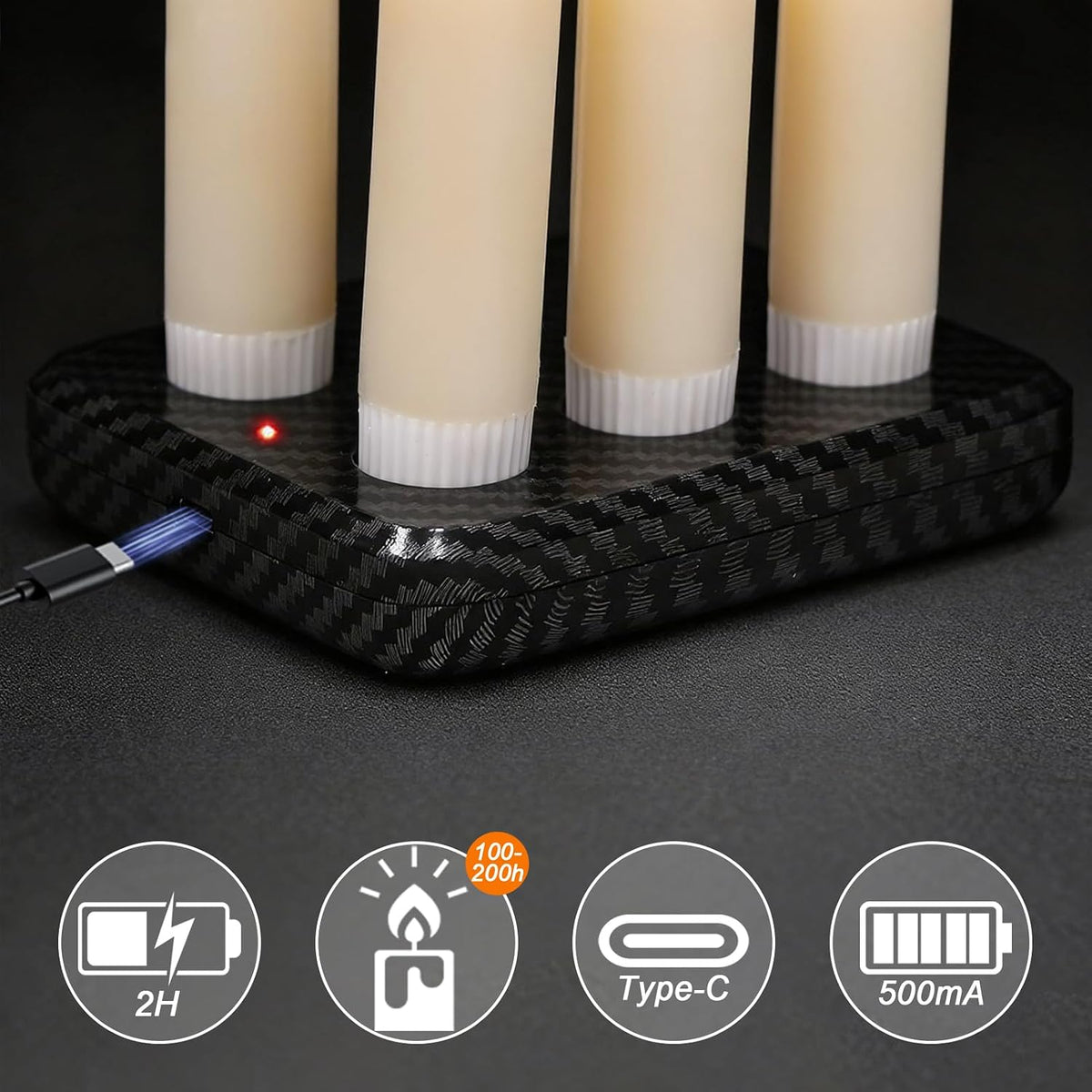 Rechargeable Flameless Taper Candles with Charging Base, Ivory