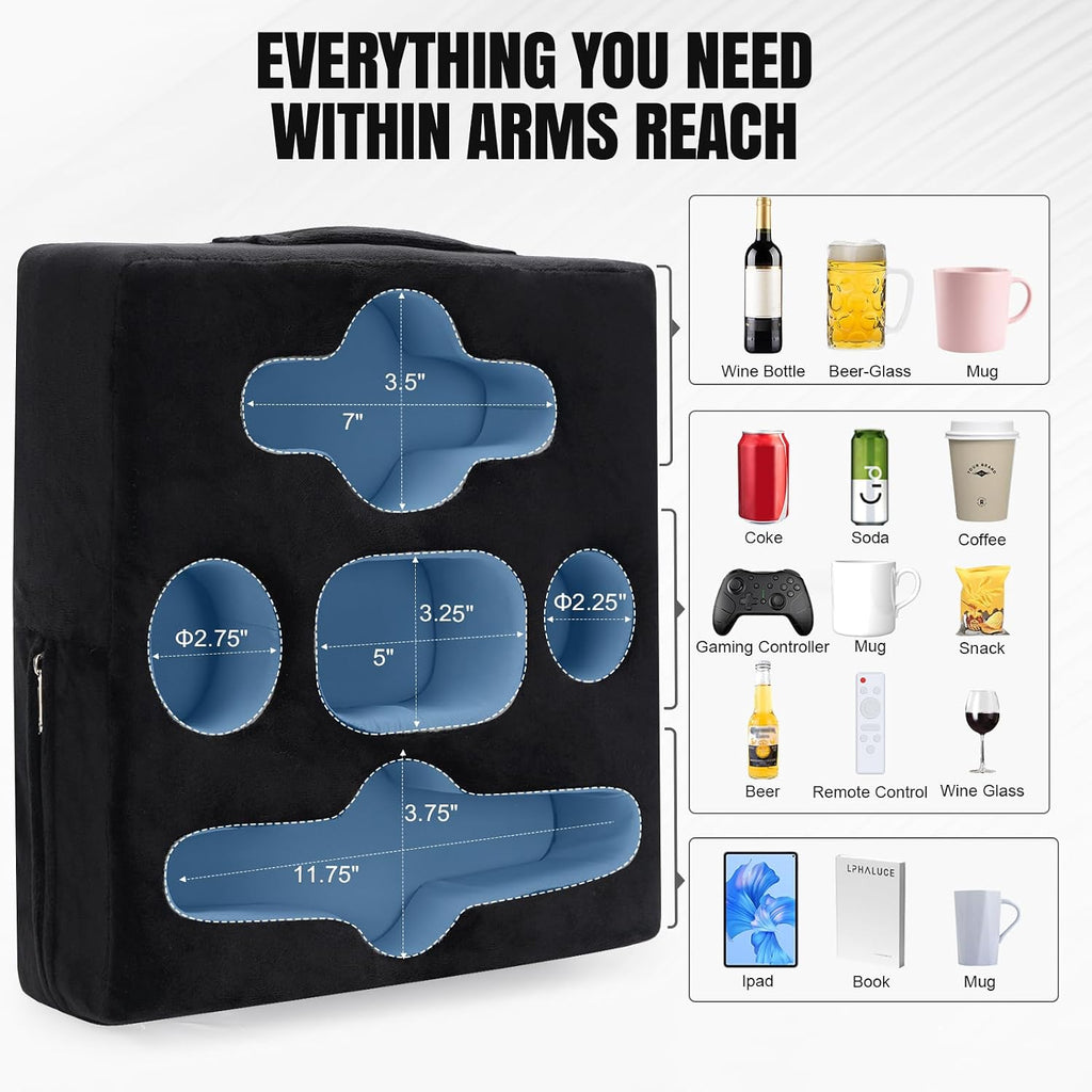 Couch Cup Holder Pillow Tray - Sofa Drink Cup Holder Cozy Buddy | Bed Caddy Organizer for Remote, Snacks Beverage, Phones, Tablet | Use it on Car, Pack, Beach, RV, Boat, Bedroom (Black)