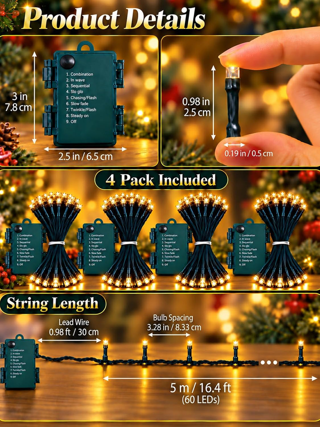 4 Pack Each 16.4ft 60 LED Battery Operated Christmas Tree Lights