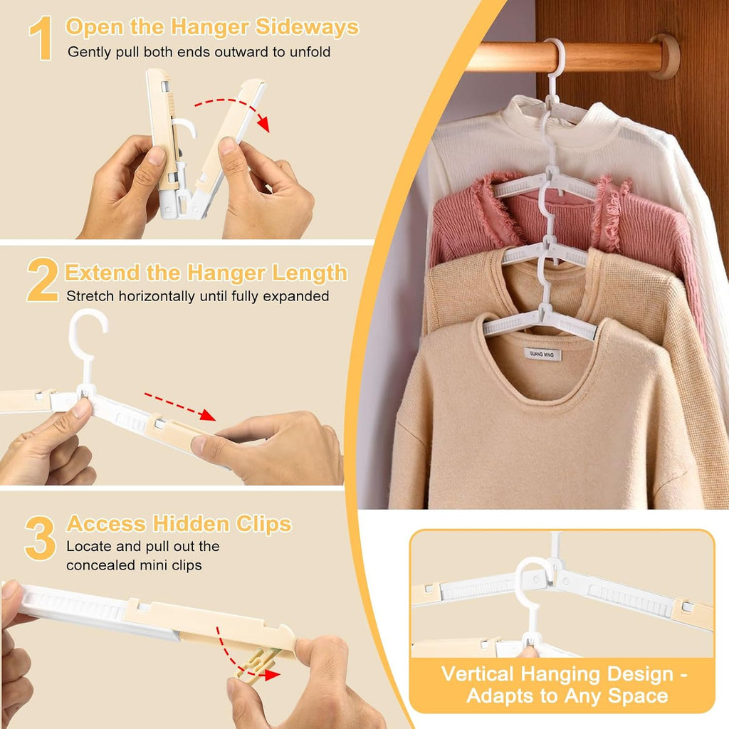Foldable Travel Hangers for Cruise, 6 Pack Portable Collapsible Hangers with Clips, Folding & Space-Saving Suitcase Hangers for Travel, (Beige-White)