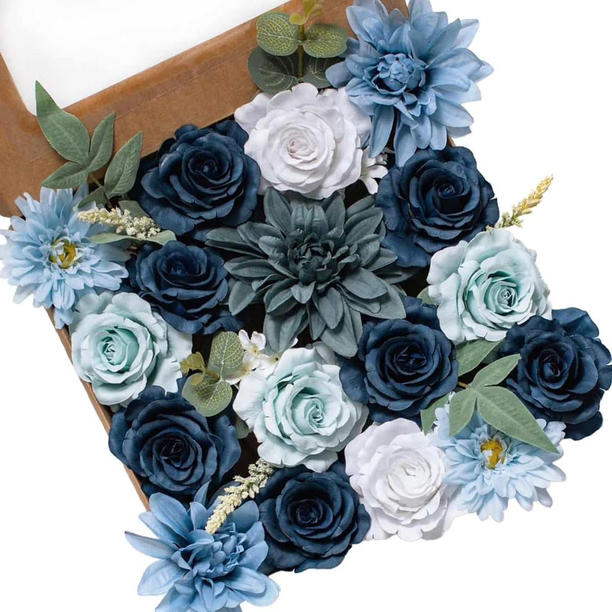 FANKO Fall Artificial Flowers for DIY, Blue White Faux Flowers Bouquet, Fake Flowers with Roses Dahlia Daisy Silk Flowers for Vase, Fall Home Decor, Wedding Centerpiece, Floral Arrangement Décor