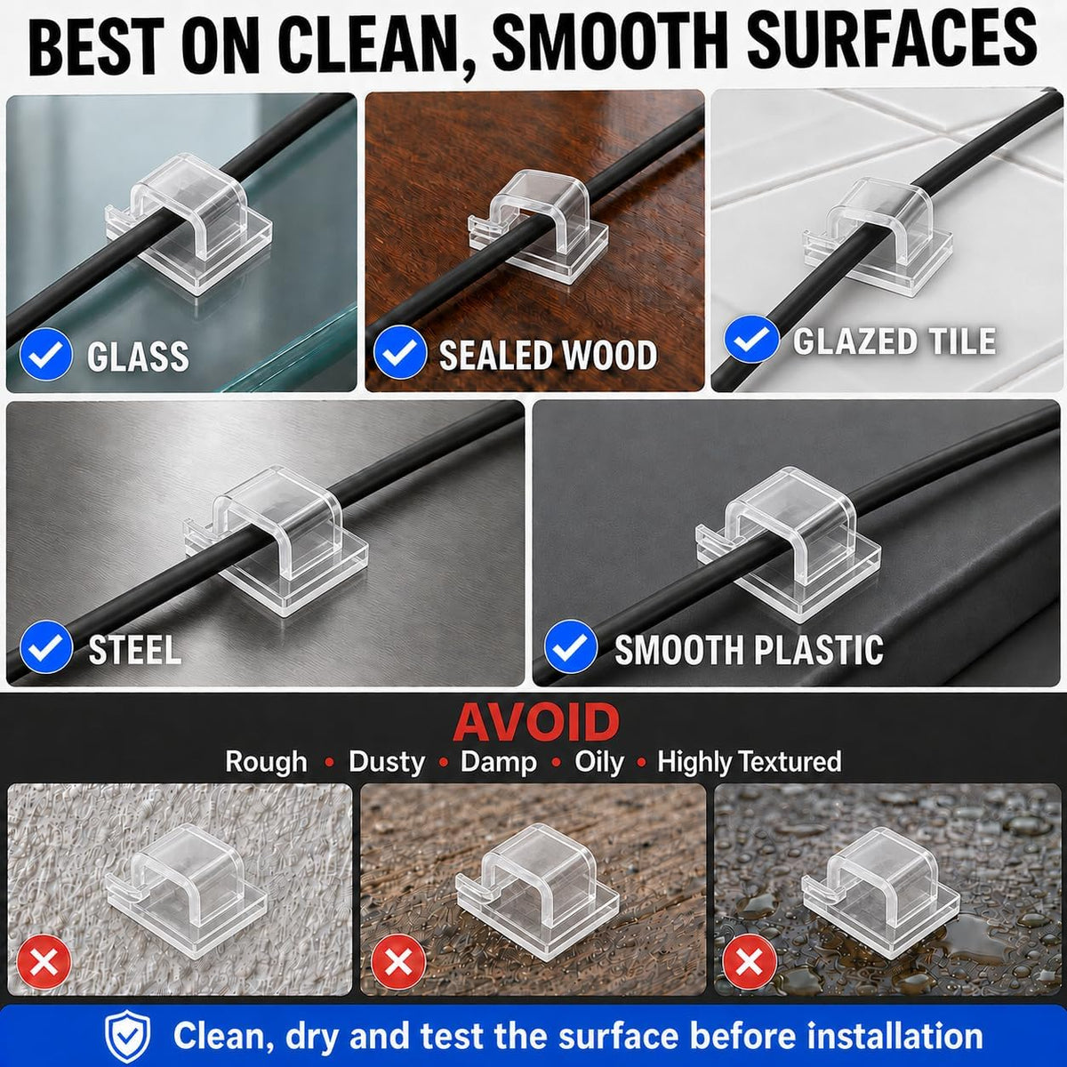 50 Pack Clear Adhesive Cable Clips - Invisible Wire Organizer & Cord Holder for Glass Desk, Wall & Home