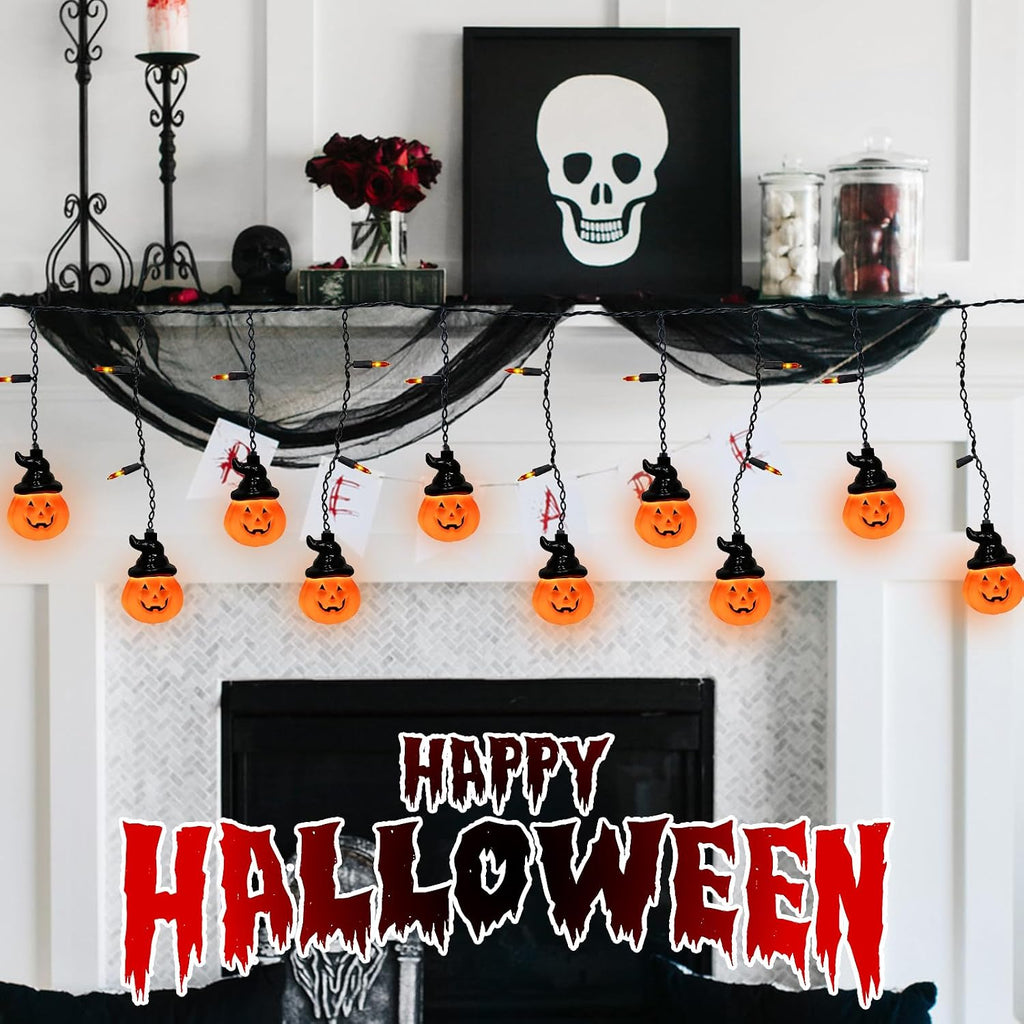 Halloween Curtain Pumpkin Hat Lights, 7Ft Hanging Halloween Decorative String Light with 10 Witch Hat Pumpkin Lights and 15 Mini Orange Bulbs UL Listed for Indoor Outdoor Party Porch Window Decor