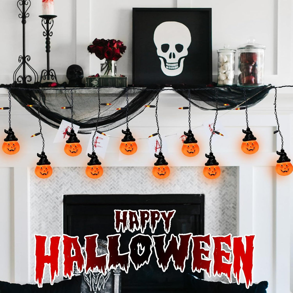 Halloween Curtain Pumpkin Hat Lights, 7Ft Hanging Halloween Decorative String Light with 10 Witch Hat Pumpkin Lights and 15 Mini Orange Bulbs UL Listed for Indoor Outdoor Party Porch Window Decor