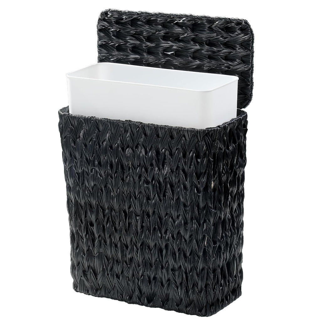 Wicker Trash Can with Lid & Liner, Small Bathroom Waste Basket, Black