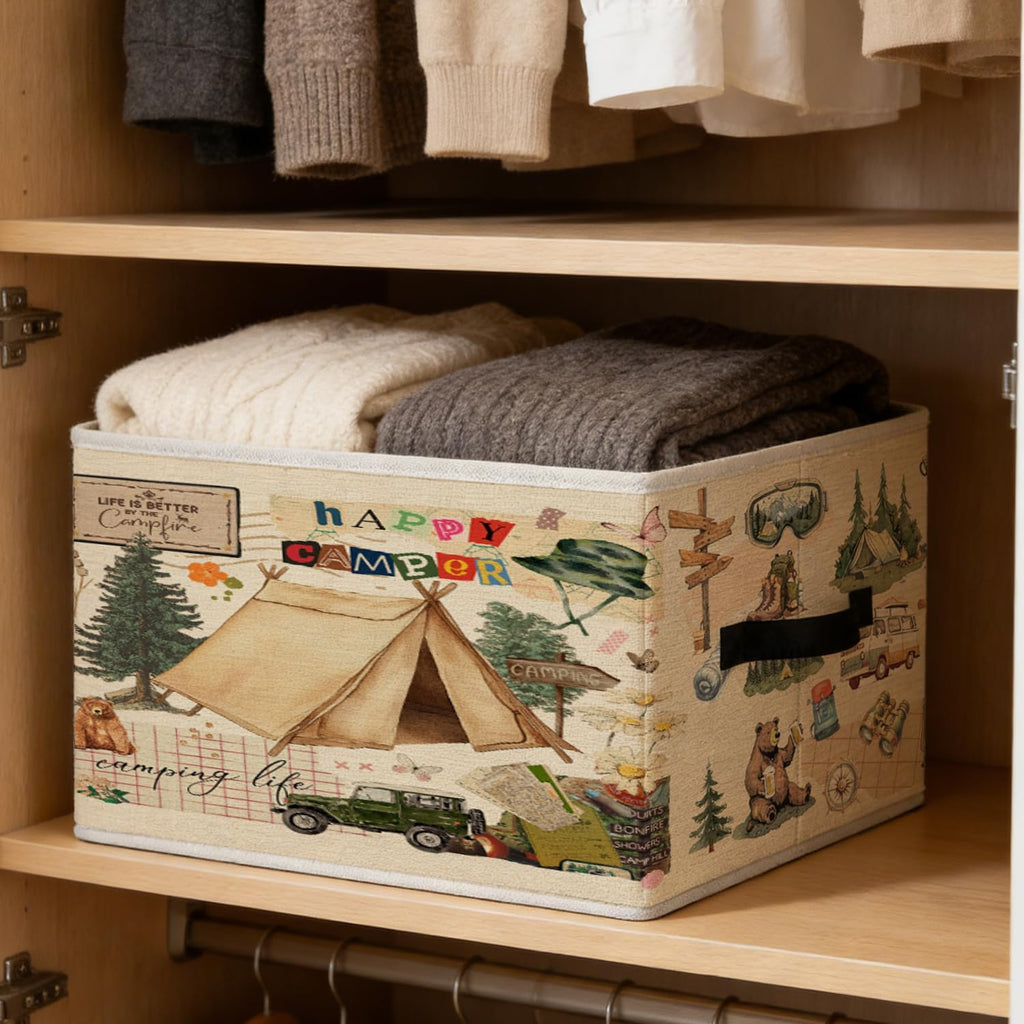 Vintage Camping Storage Bins, Camping Lover Gifts Foldable Closet Organizers Storage Basket Toybox for RV Camper Kids Room Playroom Bedroom Clothes Toys Books
